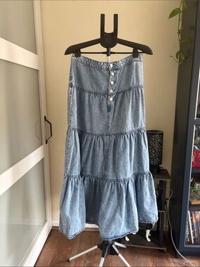 Maurices Light Blue Denim Tiered Maxi Skirt with Button Front